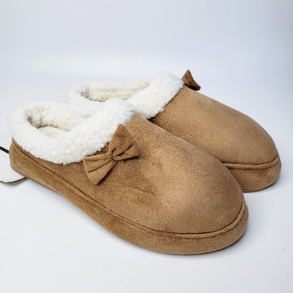 NWT Kooba Tan Bow Front Furry Ankle Memory Foam Slippers Loungewear Comfy XL
